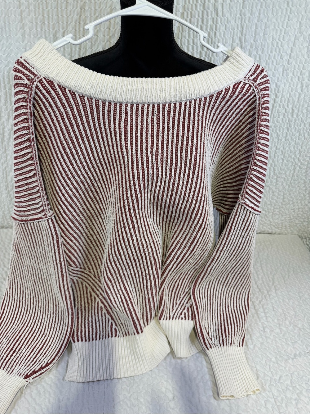 aerie Cream and Burgundy Striped V-Neck Sweater - Picture 5 of 5